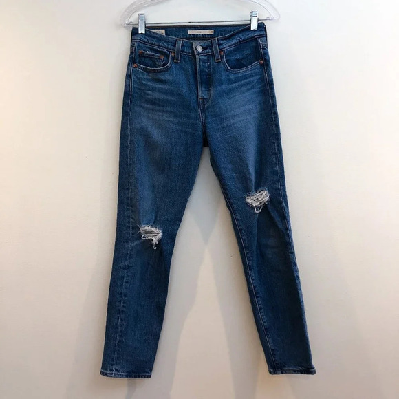 Levi's Wedgie Fit Distressed Skinny High Waist Dark Wash Classic Denim Jeans 25 - Picture 2 of 11